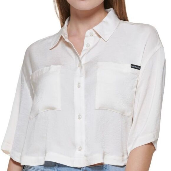 Calvin Klein Jeans Cropped Oversized Shirt - Mascarpone Size S - Picture 1 of 3